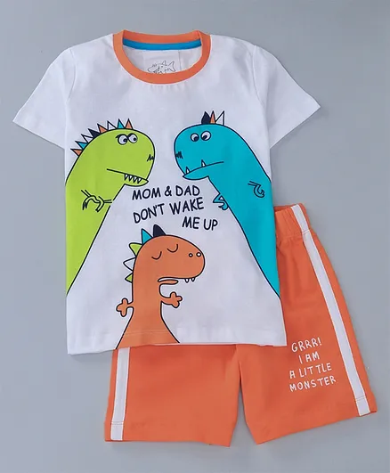 Lazy Shark Dinosaur Printed Half Sleeves T-Shirt & Shorts Set - White & Orange