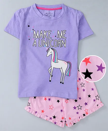 Lazy Shark Half Sleeves Make Me A Unicorn Print Tee With Star Print Shorts - Purple & Pink