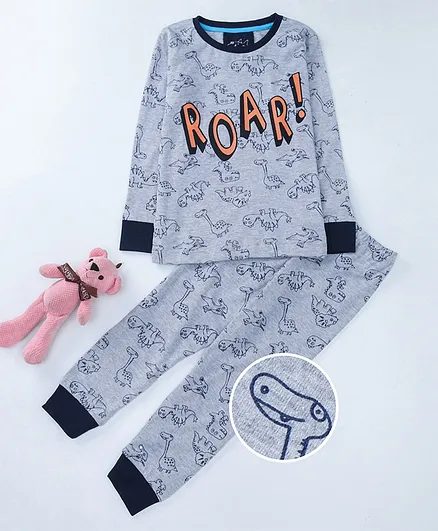 Lazy Shark Full Sleeves Dinosaur Print Night Suit - Grey