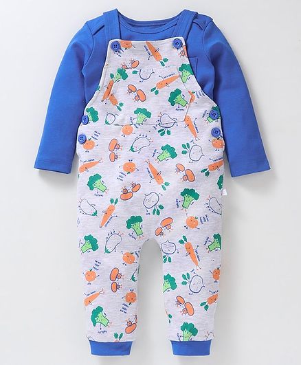 Babyoye Cotton Dungaree With Inner Full Sleeves Tee Vegetable Print - Blue Grey