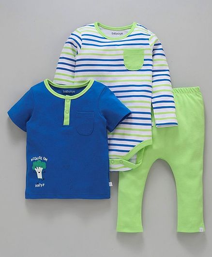 Babyoye Half Sleeves Top Onesie & Full Length Bottoms Broccoli Print - Green & Royal Blue