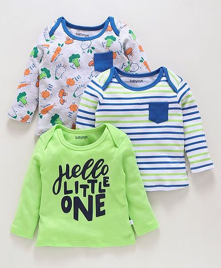 Babyoye Full Sleeves Tee Multi Print Pack of 3 - Green Navy Blue