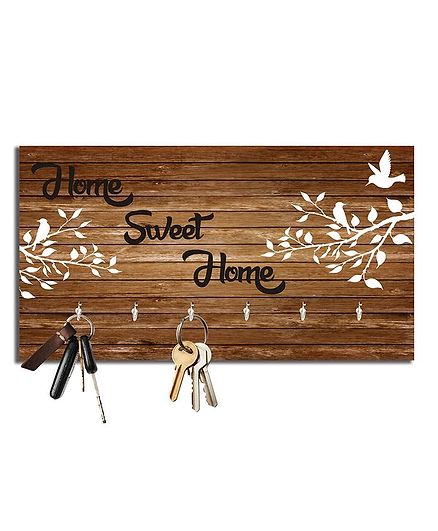 Studio Shubham Text Print Wooden Key Holder - Brown