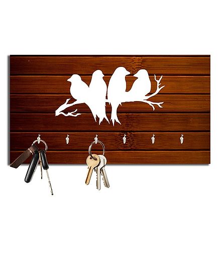 Studio Shubham Wooden Key Holder Bird Print - Brown