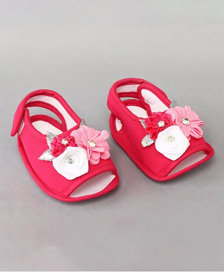 Daizy Flower Applique Booties - Dark Pink