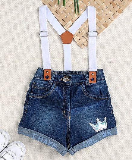 Little Kangaroos Denim Shorts With Suspender - Dark Blue White