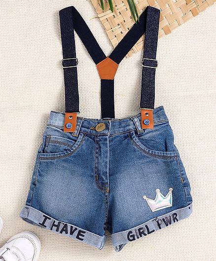 Little Kangaroos Denim Shorts With Suspender - Light Blue Black