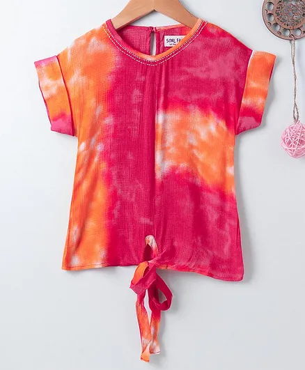 Soul Fairy Tie-Die Print Half Sleeves Top - Orange & Pink