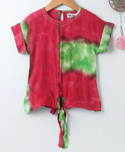 Soul Fairy Tie-Die Print Half Sleeves Top - Red & Green