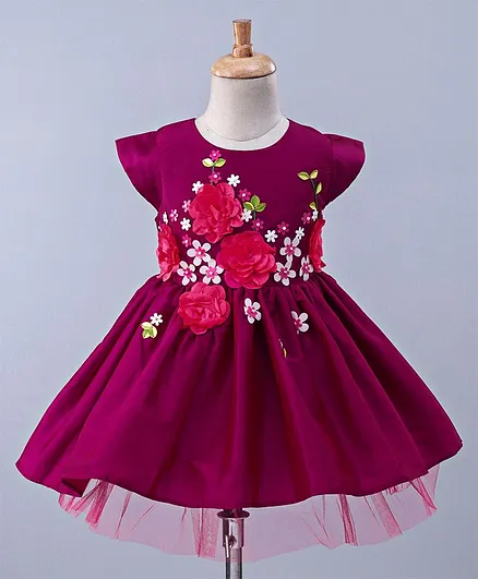 A Little Fable Flowers Applique Cap Sleeves Dress - Violet