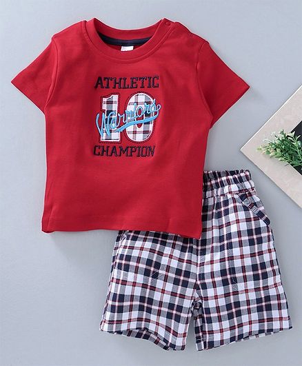 Olio Kids Athletic Embroidered Tee & Checks Shorts - Red