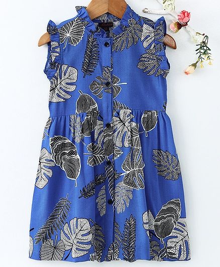 Pspeaches Leaves Print Sleeveless Dress - Blue