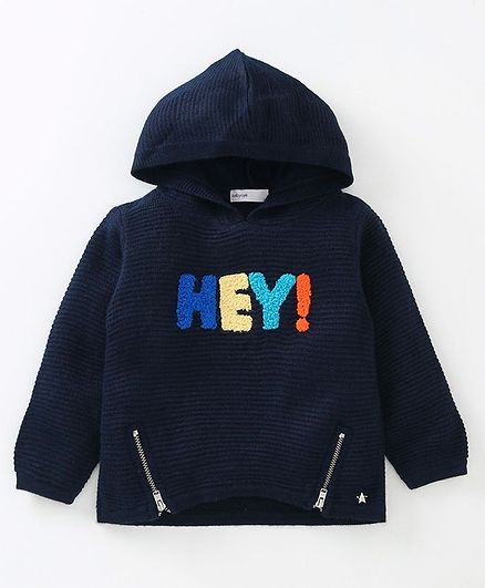 Babyoye Full Sleeves Hey Embroidered Hooded Sweater - Navy Blue