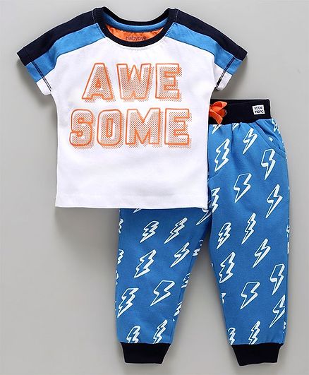 Babyoye Half Sleeves Tee And Lounge Pant Awesome Print - White Blue