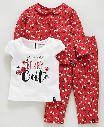 Babyoye Full Sleeves Night Suit Combo of 3 Pieces Cherry Print - Red White