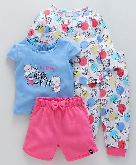 Babyoye Night Suit Combo of 4 Pieces - White & Pink