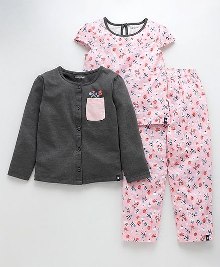 Babyoye Full & Half Sleeves Floral Print Night Wear Pack of 3 - Pink