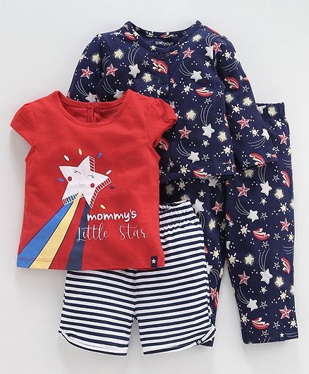 Babyoye Night Suit Combo of 4 Pieces Star Print - Red Navy