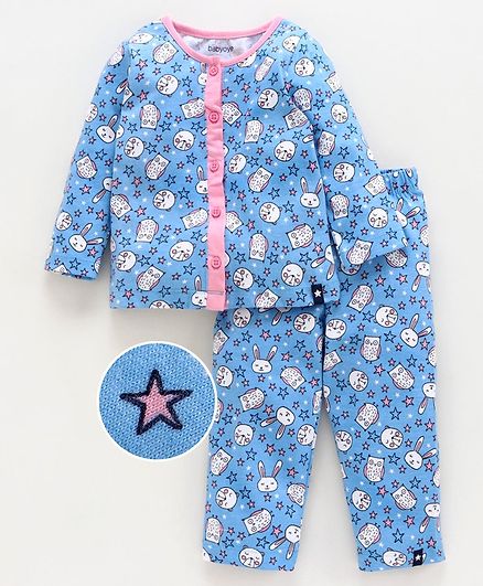 Babyoye Full Sleeves Cotton Night Suit Animal & Star Print - Blue