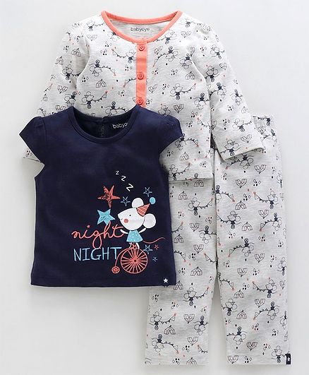 Babyoye Full & Half Sleeves Allover Mouse Print Night Wear Pack of 3 - White Navy