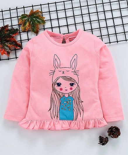 Babyhug Full Sleeves Tee Doll Print - Light Pink