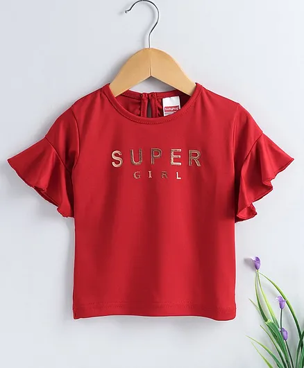 Babyhug Bell Sleeves Top Super Girl Print - Red
