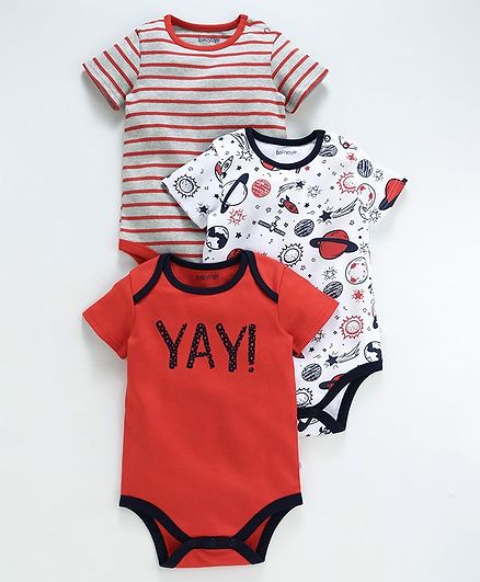 Babyoye Half Sleeves Onesies Striped & Galaxy Print Pack of 3 - Red White