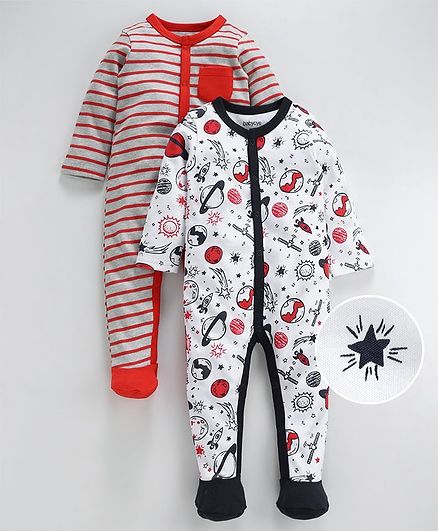 Babyoye Full Sleeves Cotton Footed Romper Pack Of 2 Multi Print - Red