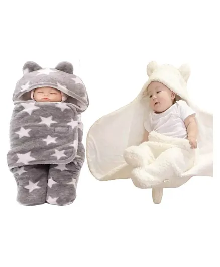 Brandonn Hooded Flannel Wearable Blanket Cum Wrapper Star Print Pack of 2 - Grey White
