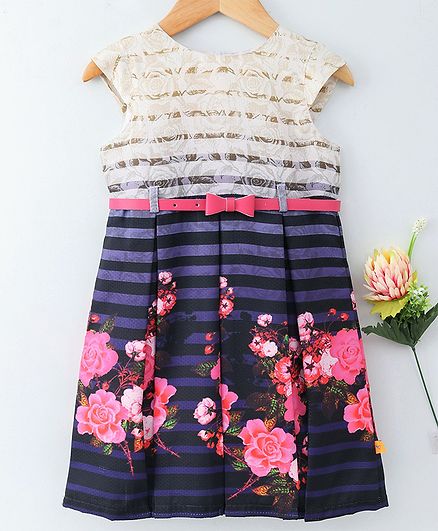 Yellow Duck Cap Sleeves Striped & Rose Print Dress - Pink