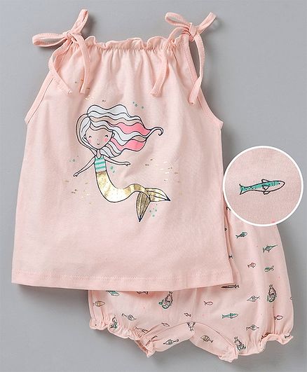 Simply Sleeveless Slip With Bloomers Mermaid Print - Peach