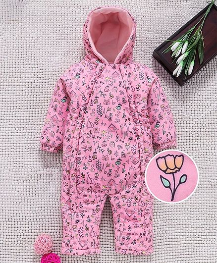 Babyhug Quilted Full Sleeves Winter Wear Romper With Hood - Pink