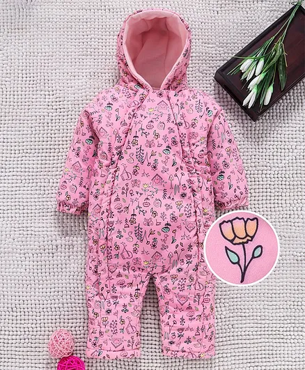 Babyhug Quilted Full Sleeves Winter Wear Romper With Hood - Pink