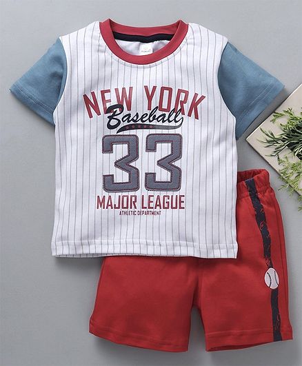 Olio Kids Half Sleeves Stripe Tee And Shorts New York Print - White Red
