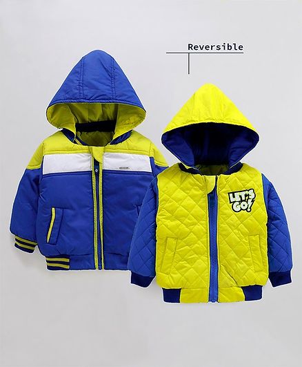 Babyoye Full Sleeves Hooded Reversible Jacket Dino Print - Yellow Blue