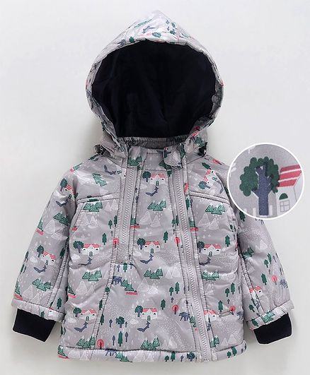 Babyoye Full Sleeves Hooded Jacket Scenery Print- Grey
