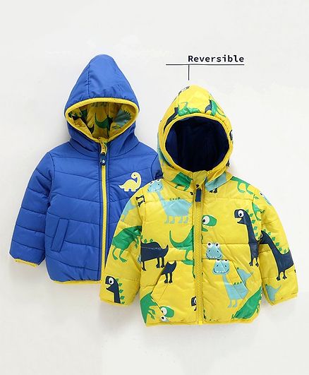 Babyoye Full Sleeves Hooded Reversible Jacket Dino Print - Yellow Blue