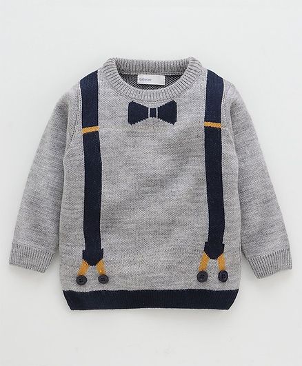 Babyoye Full Sleeves Acrylic Sweater With Mock Suspenders And Bow - Grey