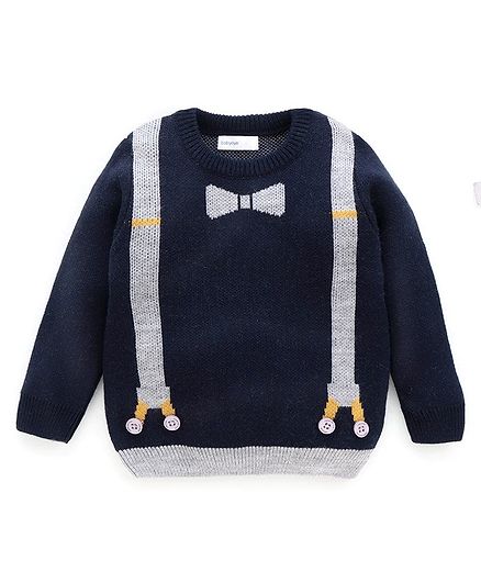 Babyoye Full Sleeves Acrylic Sweater With Mock Suspenders And Bow - Navy Blue