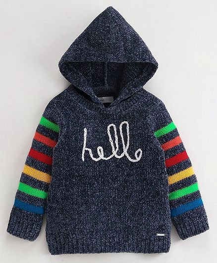 Babyoye Full Sleeves Hooded Sweater Hello Print - Navy