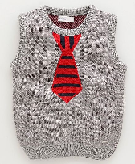 Babyoye Sleeveless Acrylic Sweater With Mock Tie - Grey