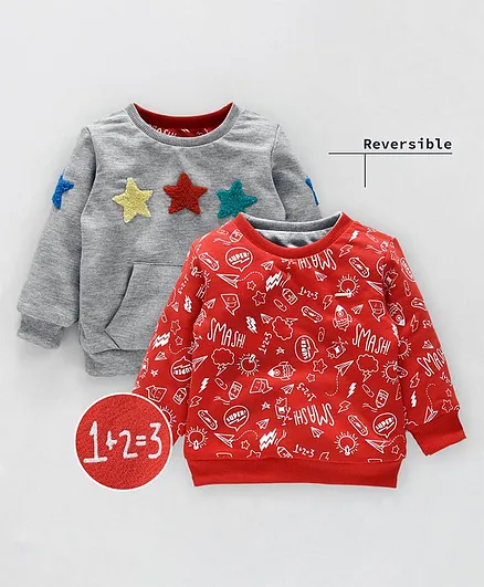 Babyoye Full Sleeves Reversible Sweatshirt Star Patch & Printed - Red Grey