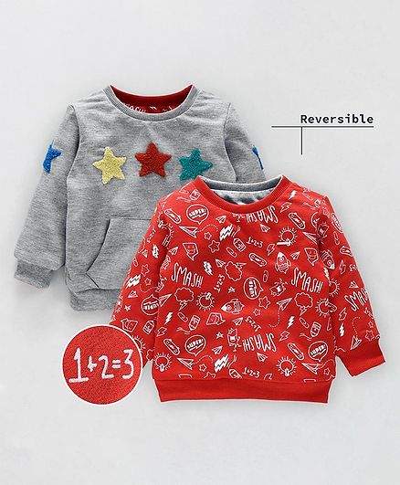 Babyoye Full Sleeves Reversible Sweatshirt Star Patch & Printed - Red Grey