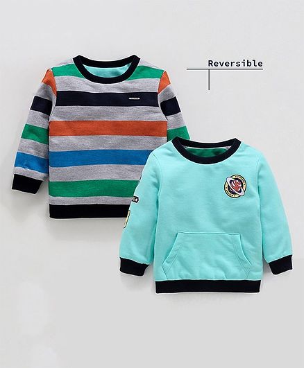 Babyoye Full Sleeves Striped Reversible Sweatshirt Galaxy Explore Print - Teal