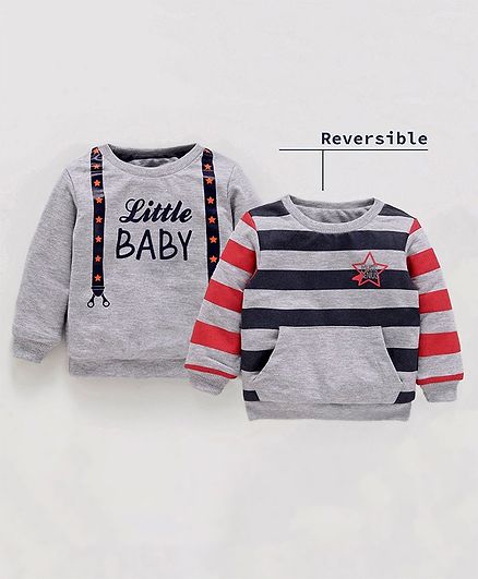 Babyoye Full Sleeves Cotton Striped Reversible Sweatshirt Little Baby Print - Grey Melange