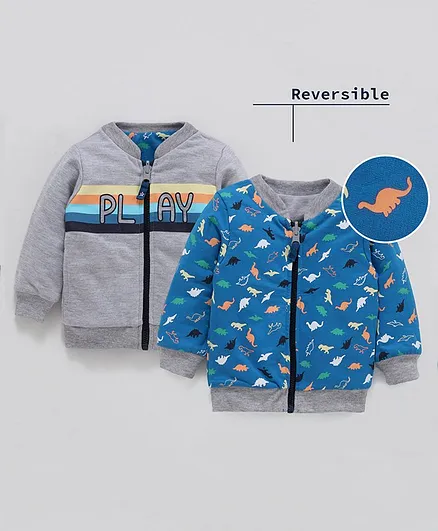 Babyoye Full Sleeves Reversible Sweat Jacket Dino Print - Blue Grey