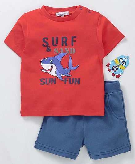 Mother's Choice Shark Print Half Sleeves Tee & Shorts Set - Red