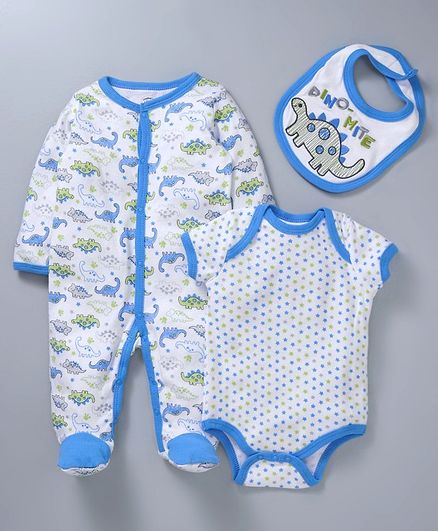 Mother's Choice Dinosaur Print Full Sleeves Romper Onesie & Bib - Blue