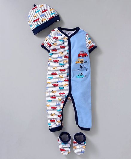 Mother's Choice Car Print Half Sleeves Romper With Cap & Booties - Blue