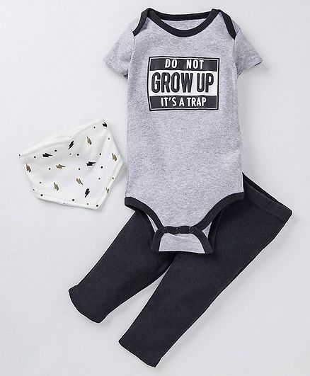 Mother's Choice Do Not Grow Up Print Half Sleeves Onesie With Bib & Bottom Set - Black